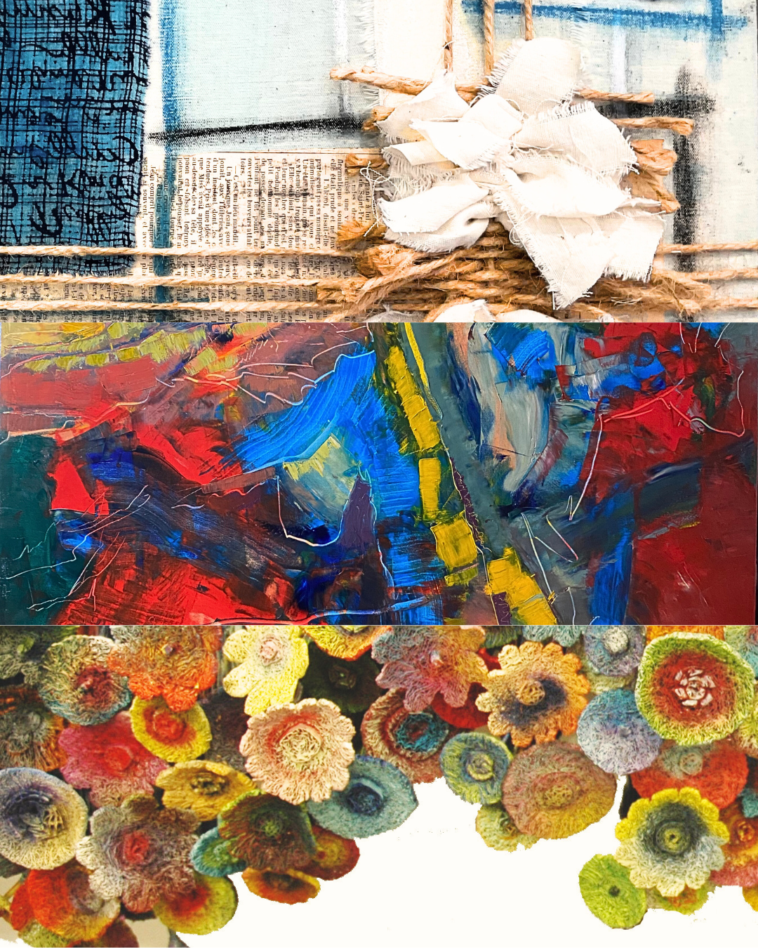 PRÉCÉDEMENT -Claude IMBERT - Dominique LOPPIN - Sylvie URSULET ““Matières et déchirures - “Fixer le fil d’une histoire”” - Du 29/08/2025 au /26/09/2025